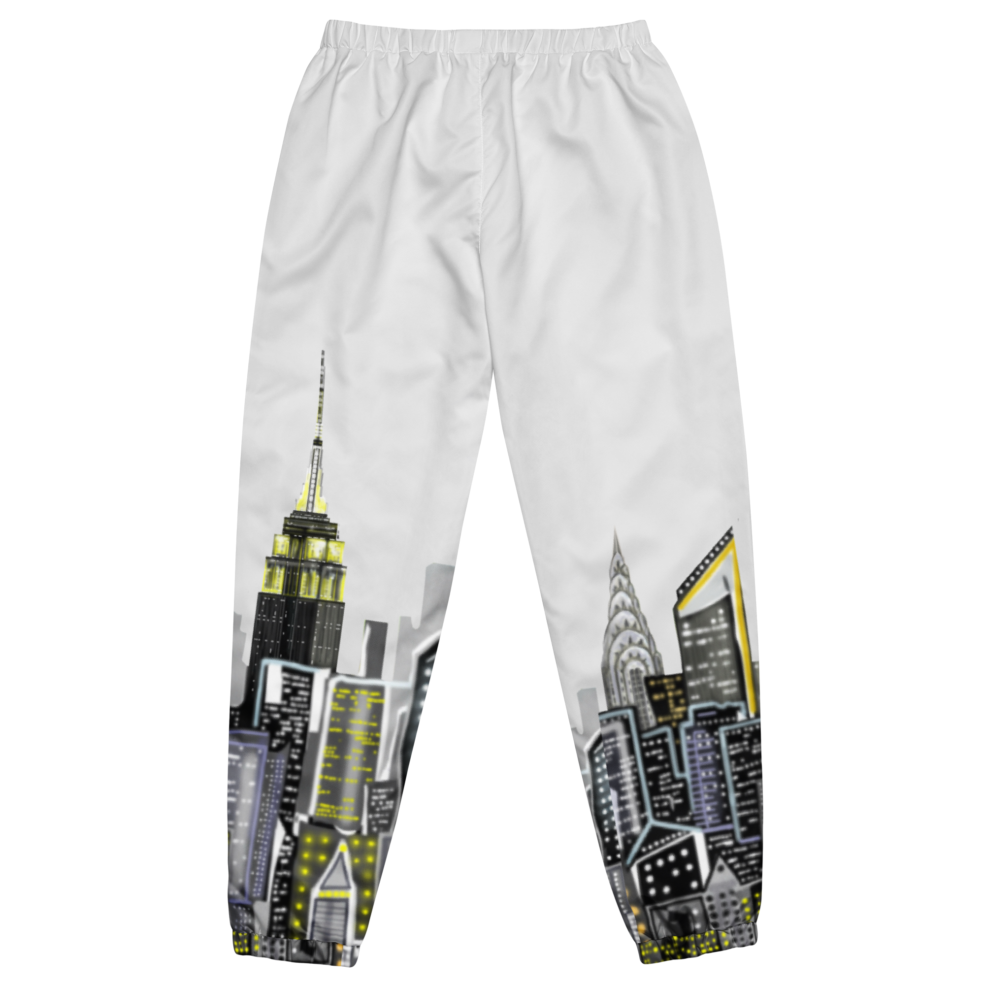 White Loria NYC Art sweatpants with cityscape design featuring iconic buildings on a white background