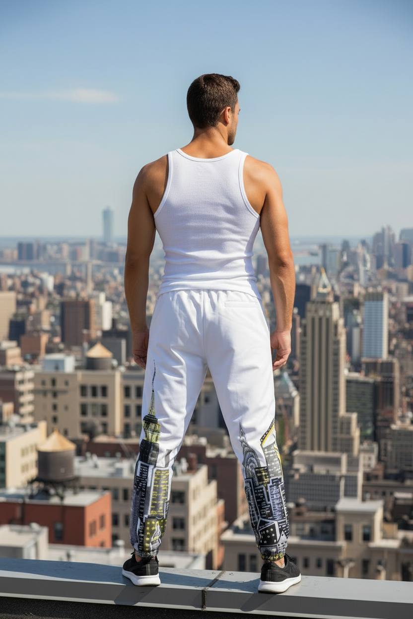 Person wearing a white tank top and Loria NYC Art pants with unique patterns, standing on a rooftop overlooking a cityscape.