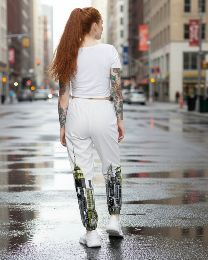 Person wearing a white crop top and light gray Loria NYC Art sweatpants with cityscape design on a wet urban street