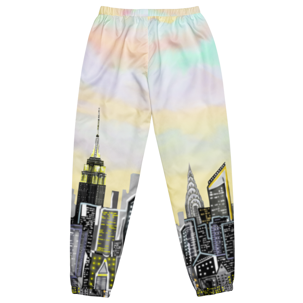 Pajama pants with city Loria NYC Art skyline design on a white background