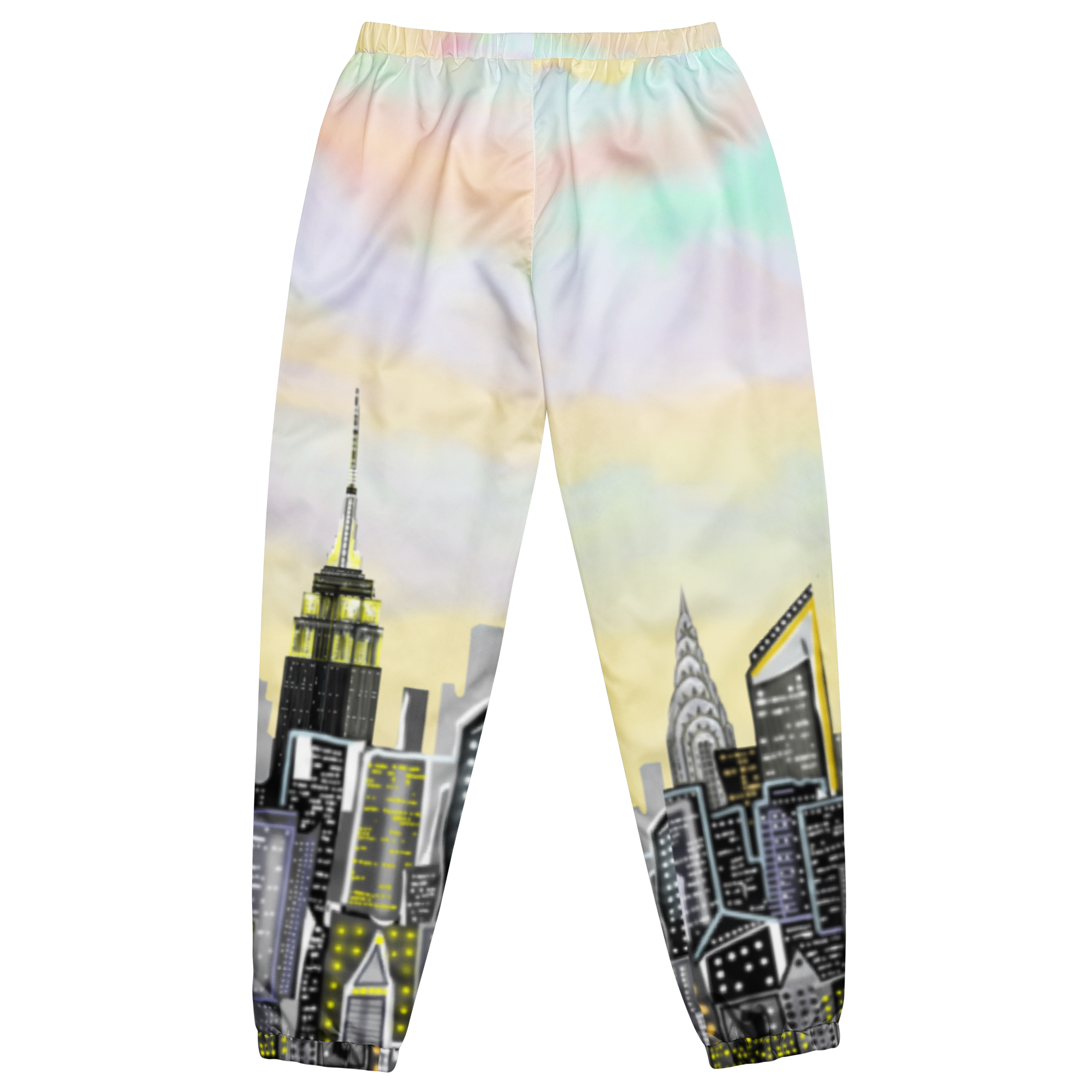 Pajama pants with city Loria NYC Art skyline design on a white background