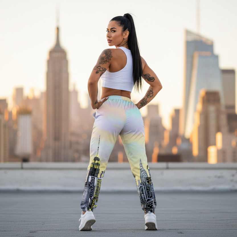 Woman in athletic Loria NYC Art wear standing on a rooftop with a city skyline in the background