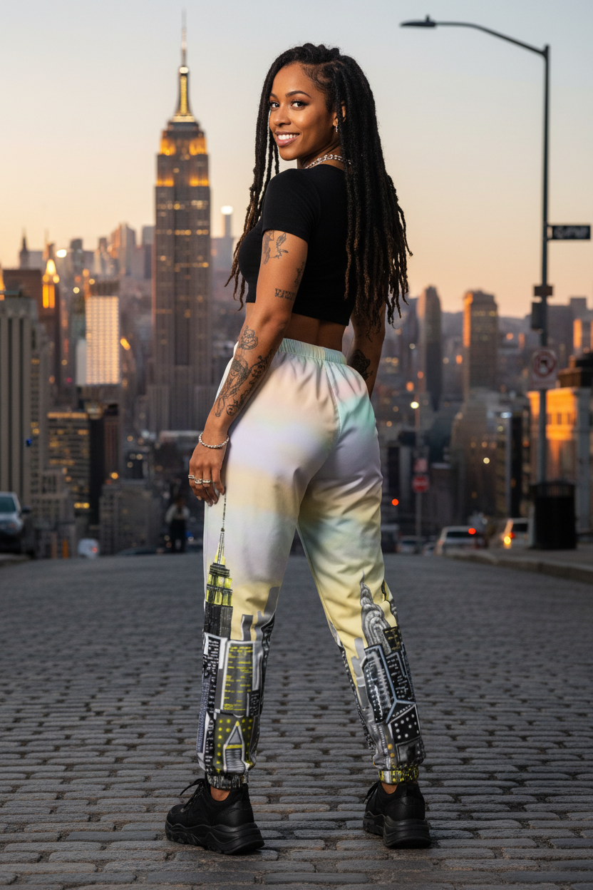 Woman in pastel color Loria NYC Art pants standing on a city street with a blurred cityscape in the background