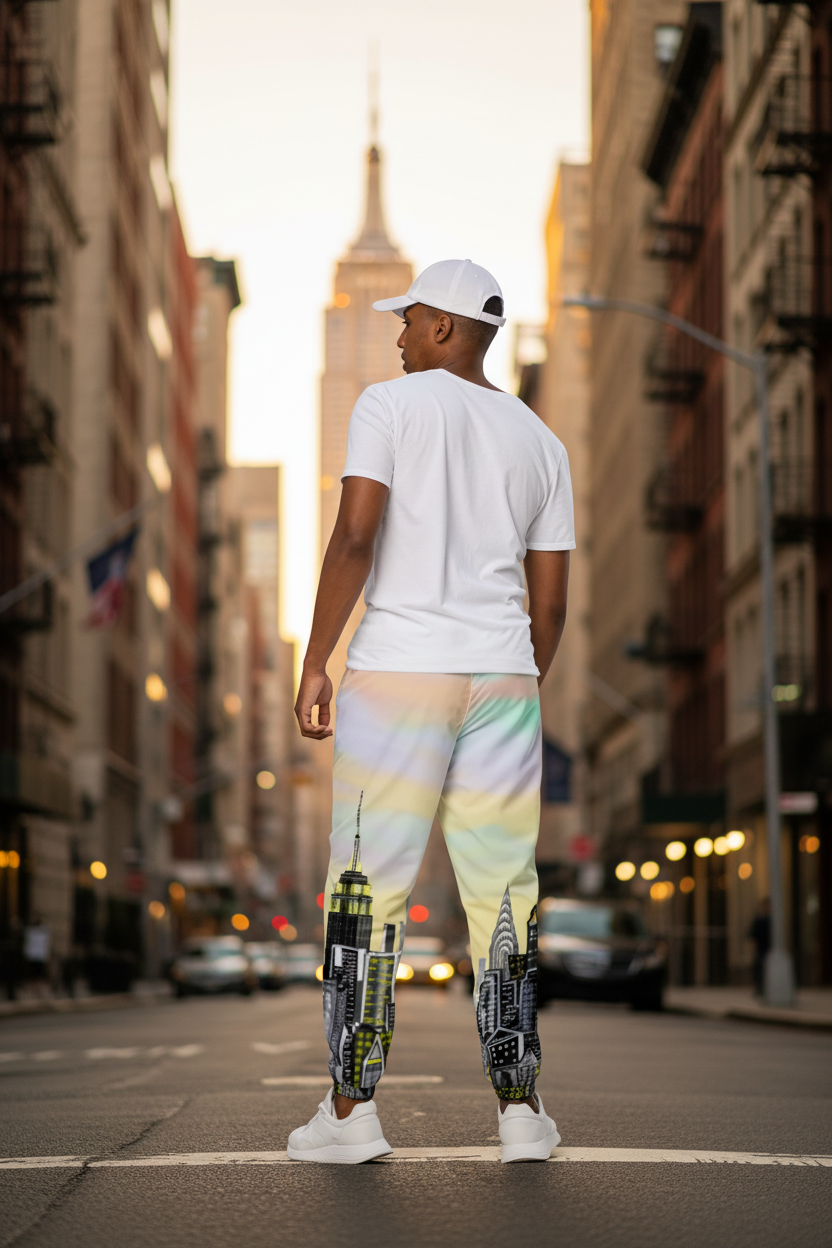 Person wearing a white t-shirt and colorful Loria NYC Art pants with cityscape design on a urban background