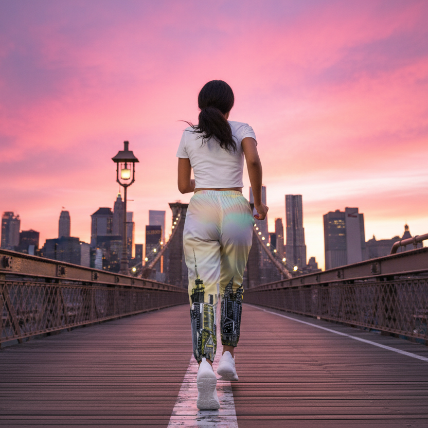 Person wearing a white crop top and colorful sweatpants with Loria NYC Art cityscape design running on bridge 