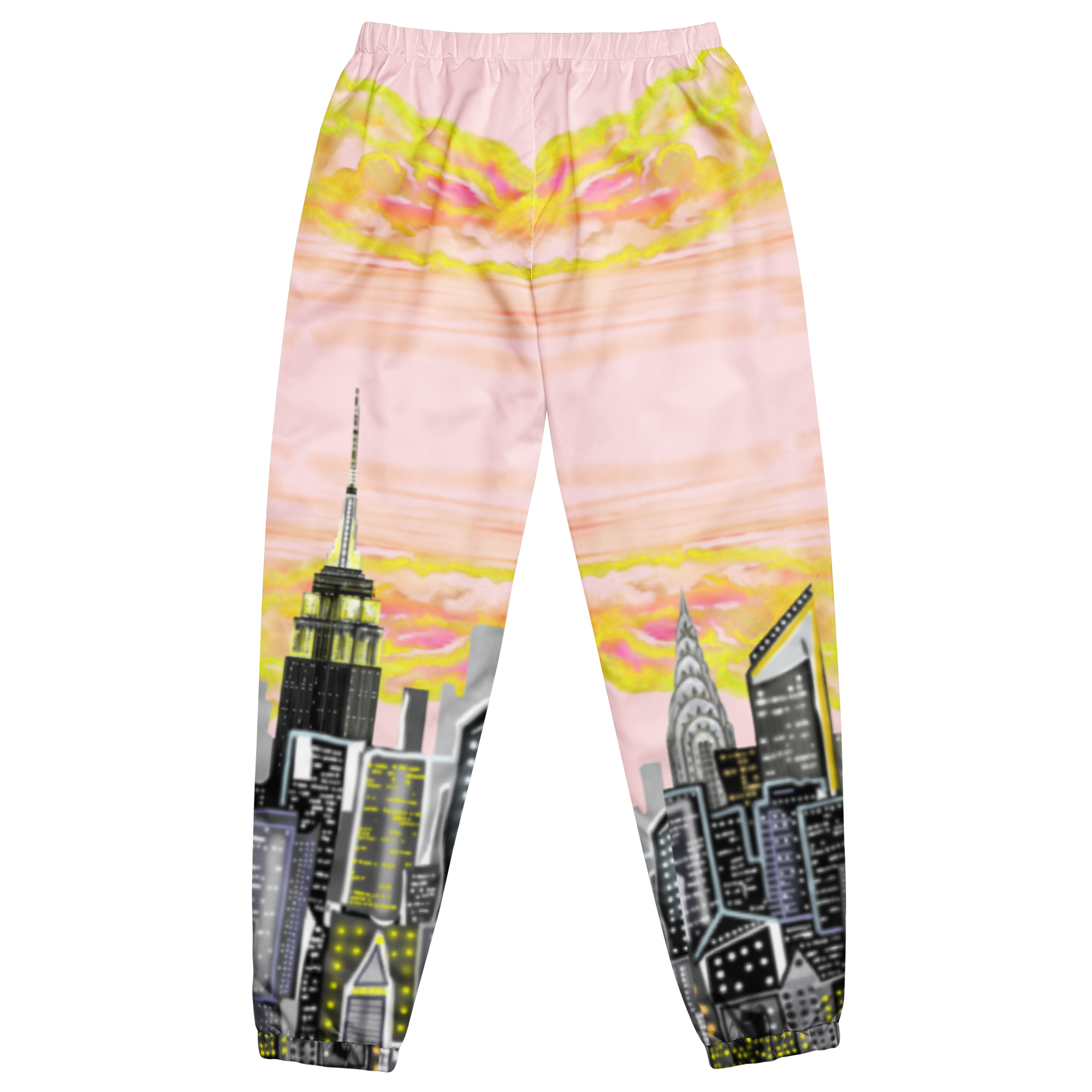 Track pants with city skyline Loria NYC Art design on a white background