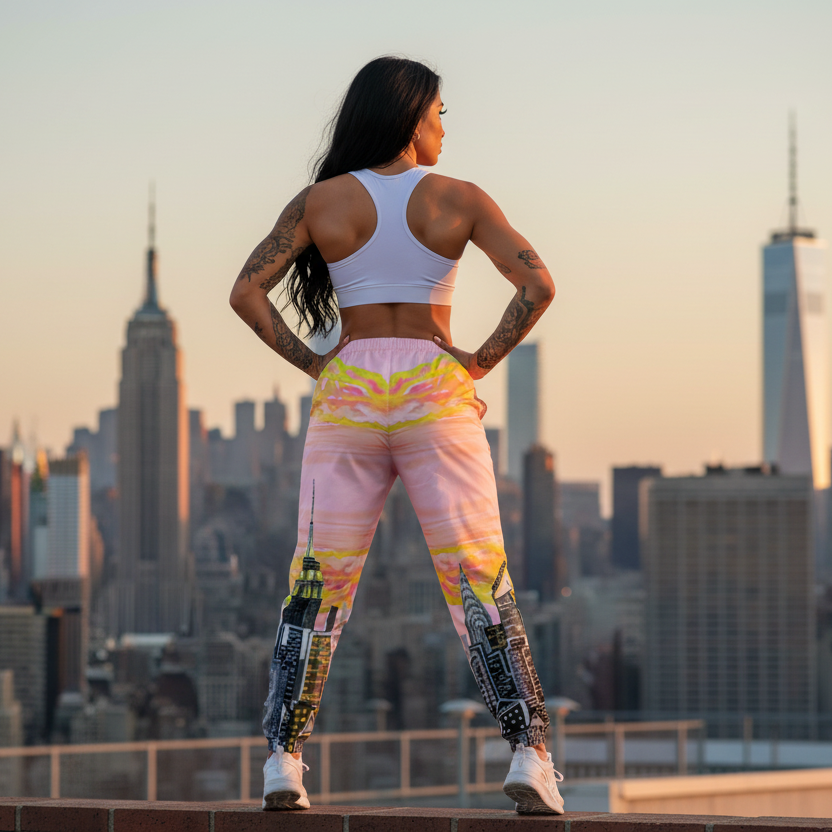 Person in athletic Loria NYC Art wear standing on a rooftop with a city skyline in the background