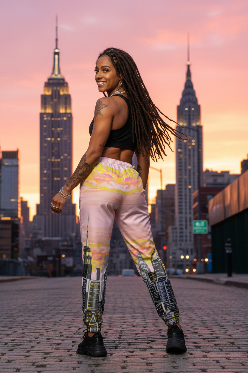 Woman in Loria NYC Art athletic wear standing in front of city skyline at sunset