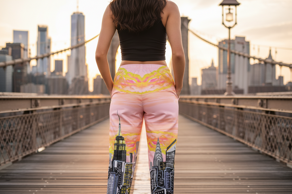 Person wearing colorful Loria NYC Art pants with cityscape design on a bridge with city skyline in the background