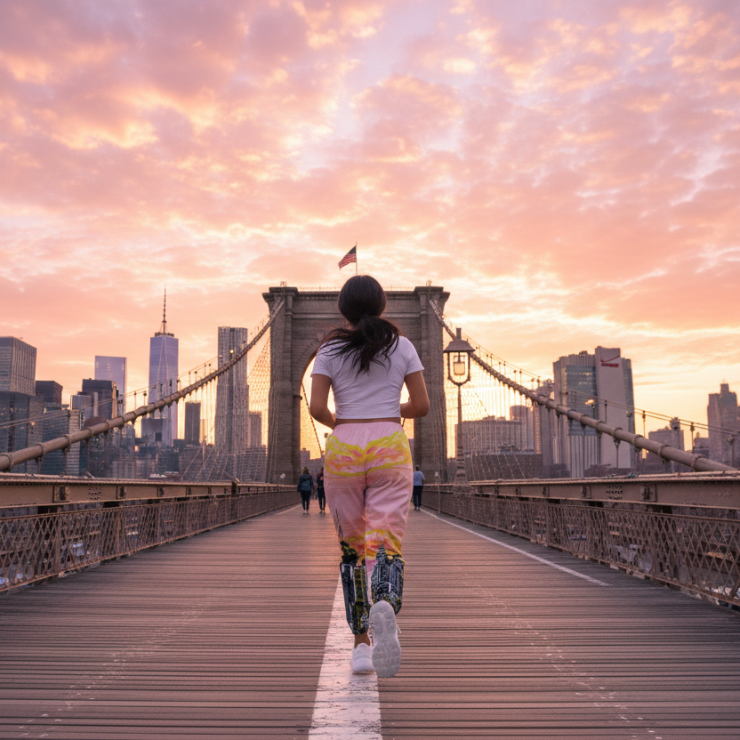 Woman wearing a white crop top and colorful Loria NYC Art pants with cityscape design running on bridge 