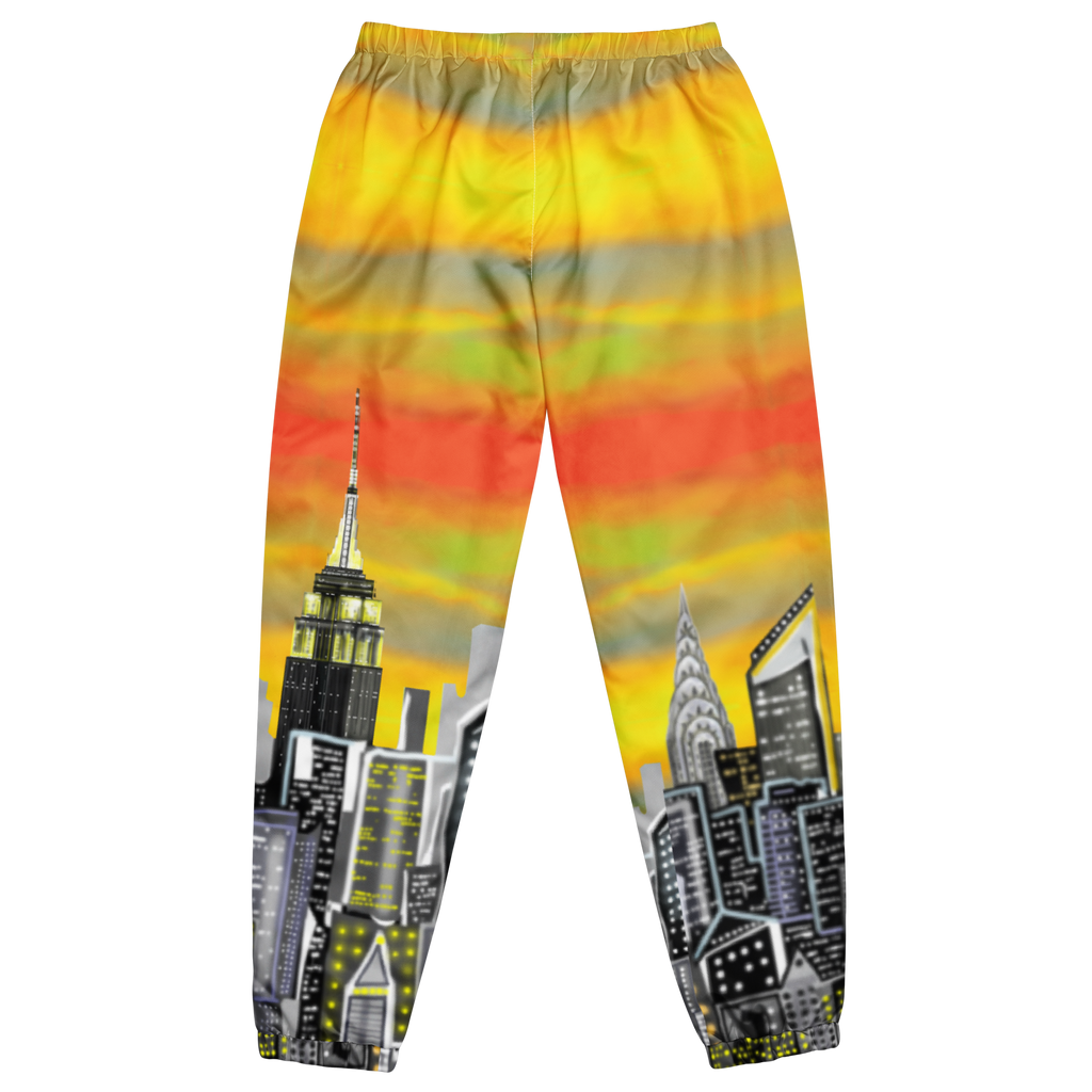 Colorful sweatpants with cityscape Loria NYC Art design on a white background