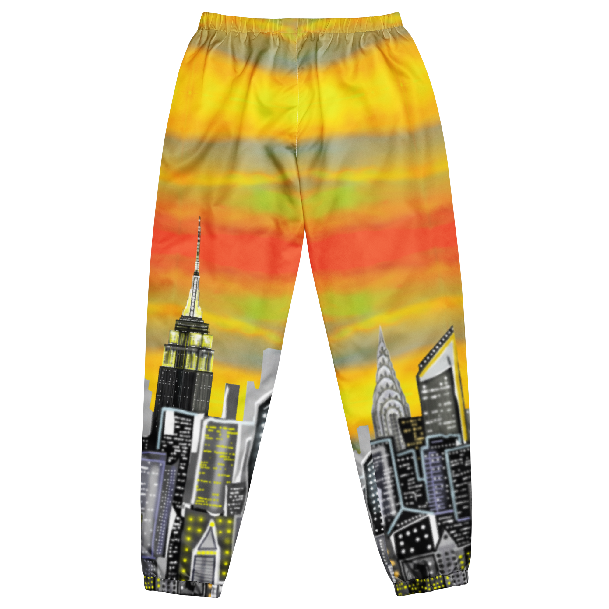 Colorful sweatpants with cityscape Loria NYC Art design on a white background