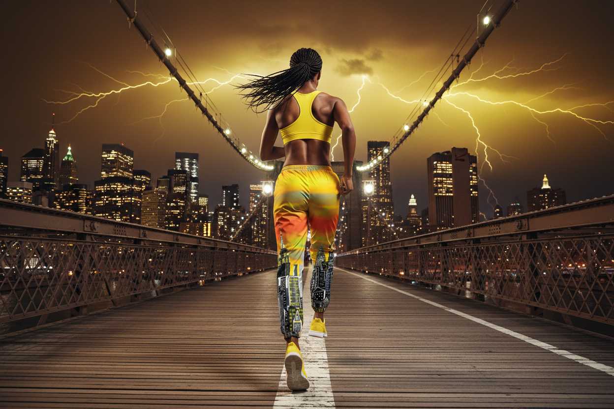 Person running on a bridge wearing Loria NYC Art cityscape pants and lightning in the background