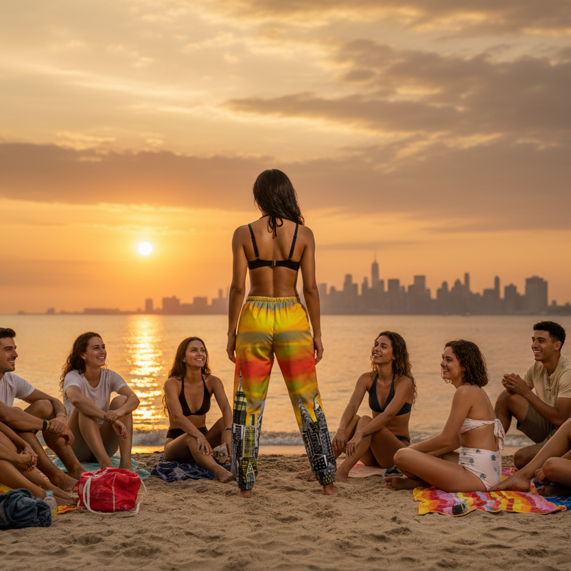 Group of people on a beach with a girl wearing Loria NYC Art city skyline pants during sunset.