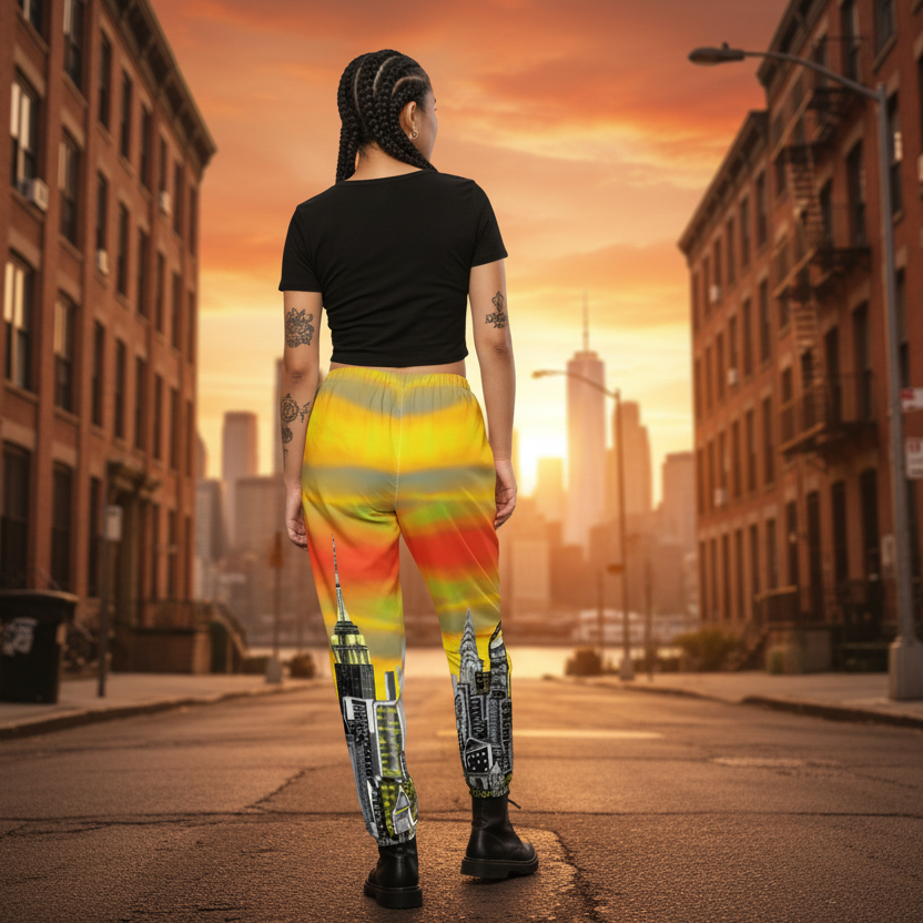 Person wearing a white crop top and colorful Loria NYC Art pants with cityscape design on sunset urban background 