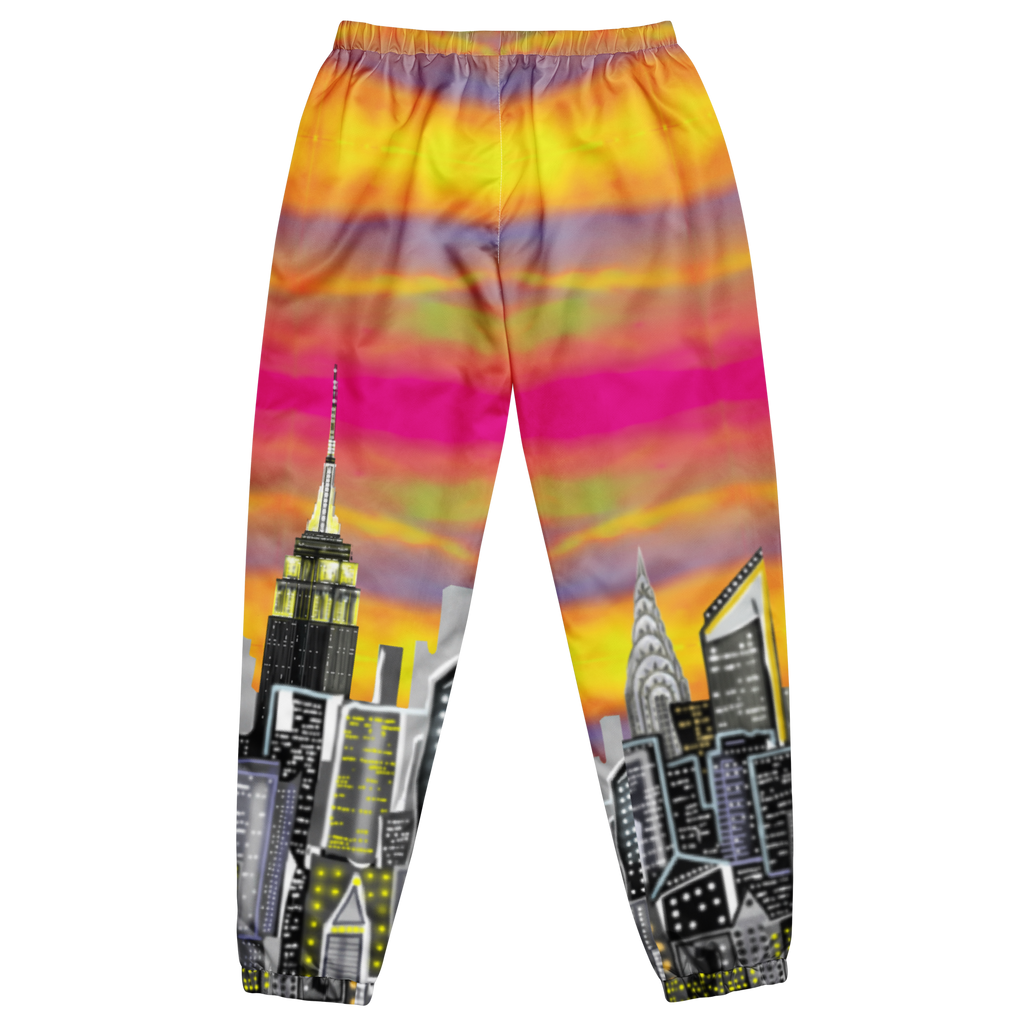 Back of Colorful tie-dye Loria NYC Art sweatpants with cityscape design on a white background
