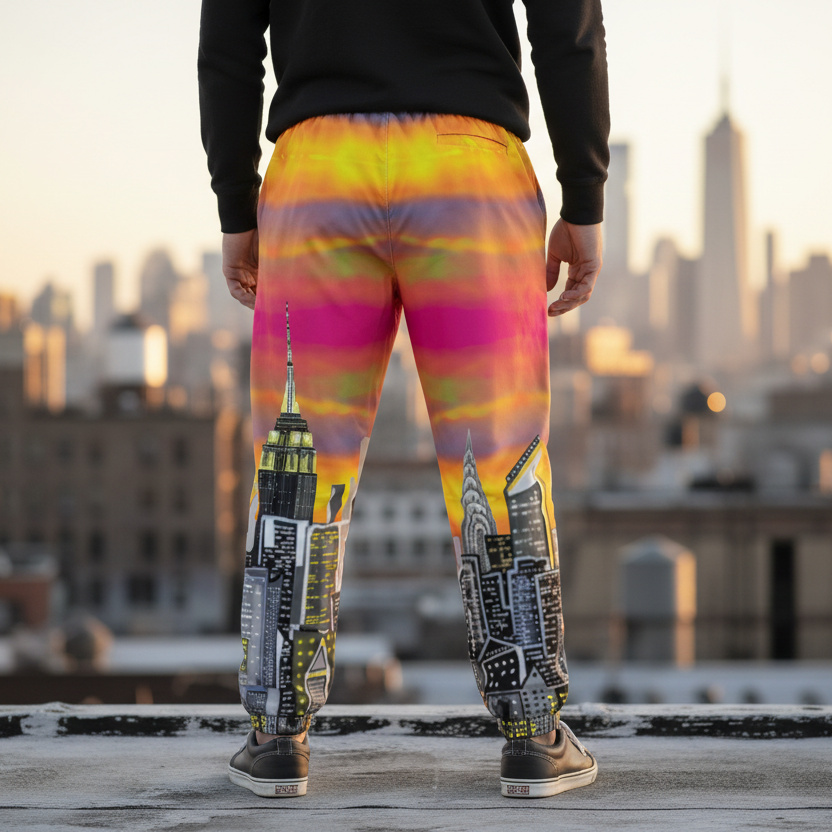 Person wearing colorful pants with Loria NYC Art cityscape design on a rooftop with city skyline in the background