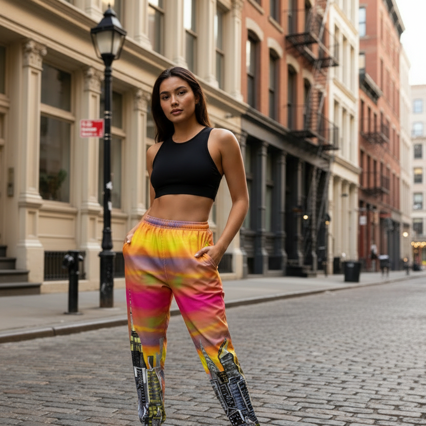 Woman in black crop top and Loria NYC Art colorful pants standing on a city street.
