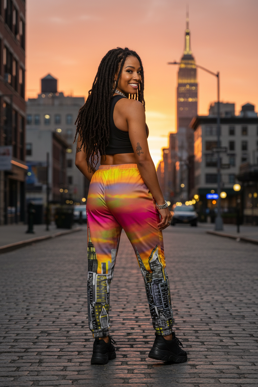 Woman in colorful Lori NYC Art pants standing on a city street with a sunset skyline.