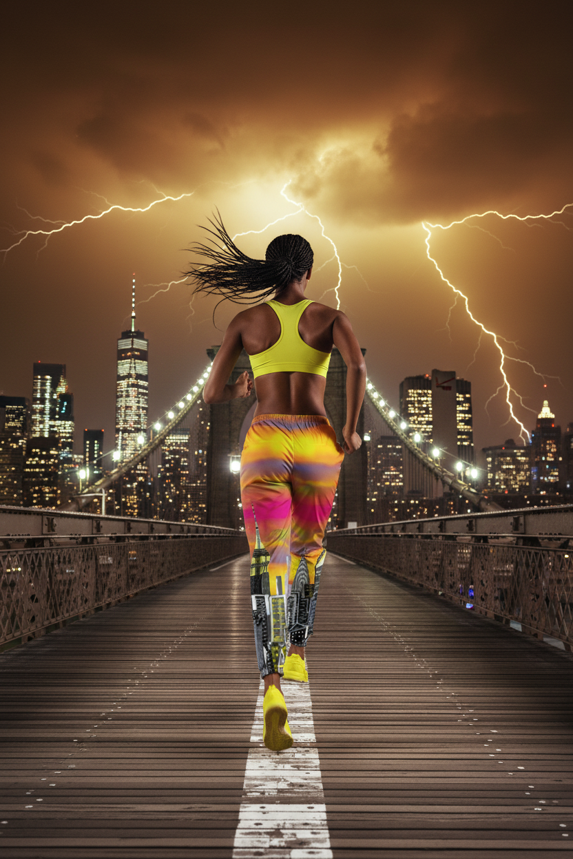 Person running on a bridge wearing Loria NYC Art city skyline pants and lightning in the background