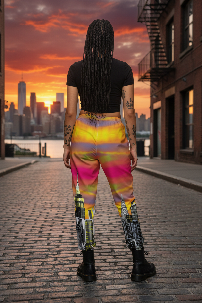 Person wearing colorful pants with cityscape Loria NYC Art design on a sunset background
