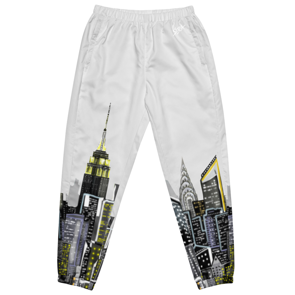 White sweatpants with Loria NYC Art cityscape design on a white background
