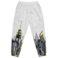 White sweatpants with Loria NYC Art cityscape design on a white background