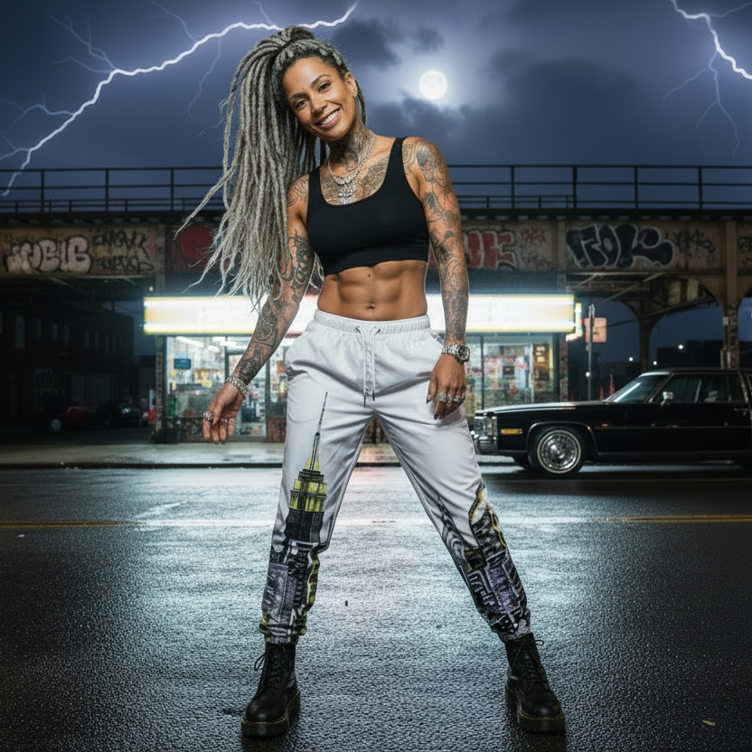 Person with tattoos and dreadlocks wearing Loria NYC Art pants in an urban street with lightning in the background
