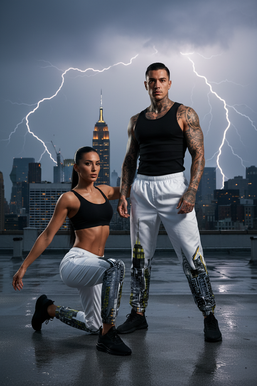 Two people in Loria NYC Art pants with a cityscape and lightning background
