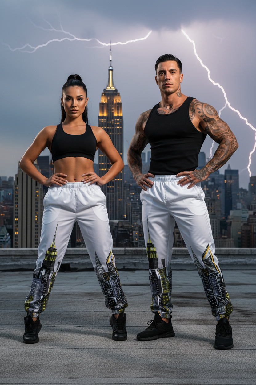 Two people in athletic Loria NYC Art wear standing in front of a cityscape with lightning effects.