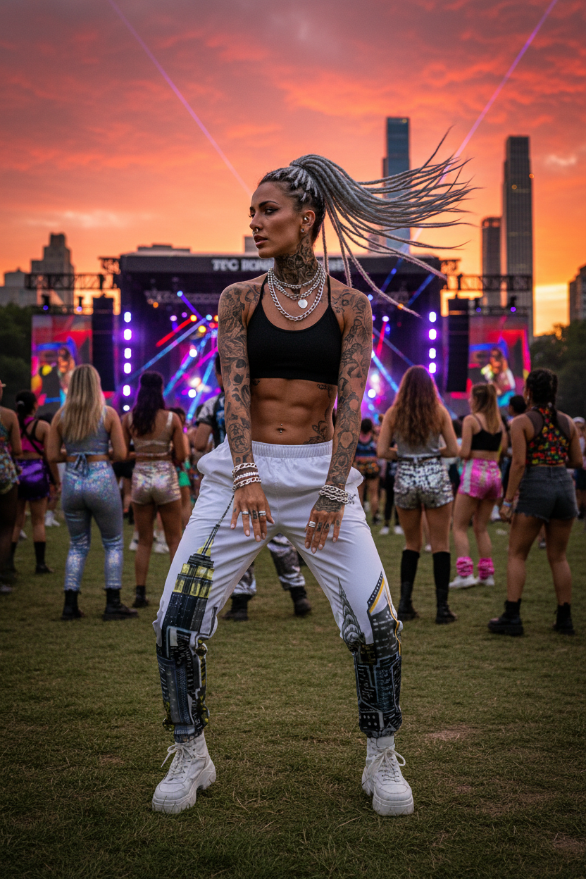 Person wearing Loria NYC Art pants with tattoos and unique hairstyle at a concert with colorful lights and a sunset sky.