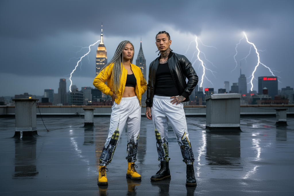 Two people wearing Loria NYC Art track pants standing on a rooftop with a cityscape and lightning in the background