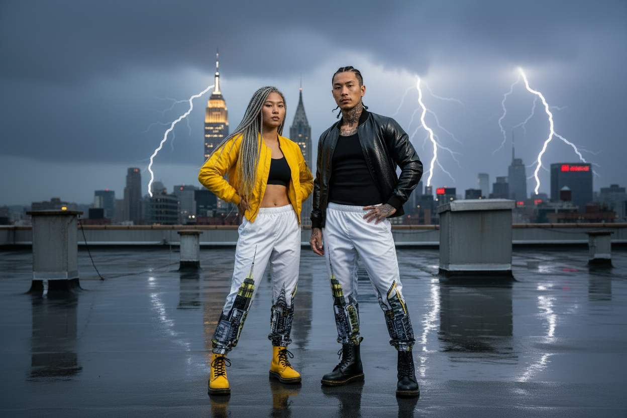 Two people wearing Loria NYC Art track pants standing on a rooftop with a cityscape and lightning in the background