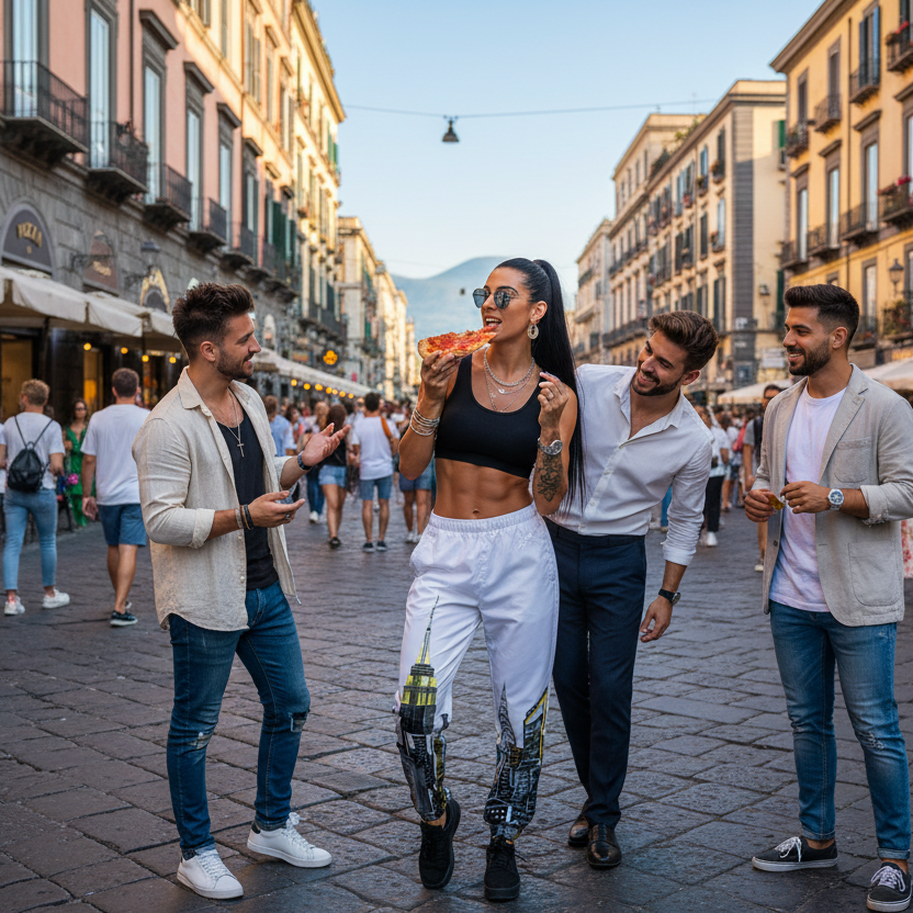 Girl wearing Loria NYC Art pants with other people on a street in an urban setting with buildings and people in the background.