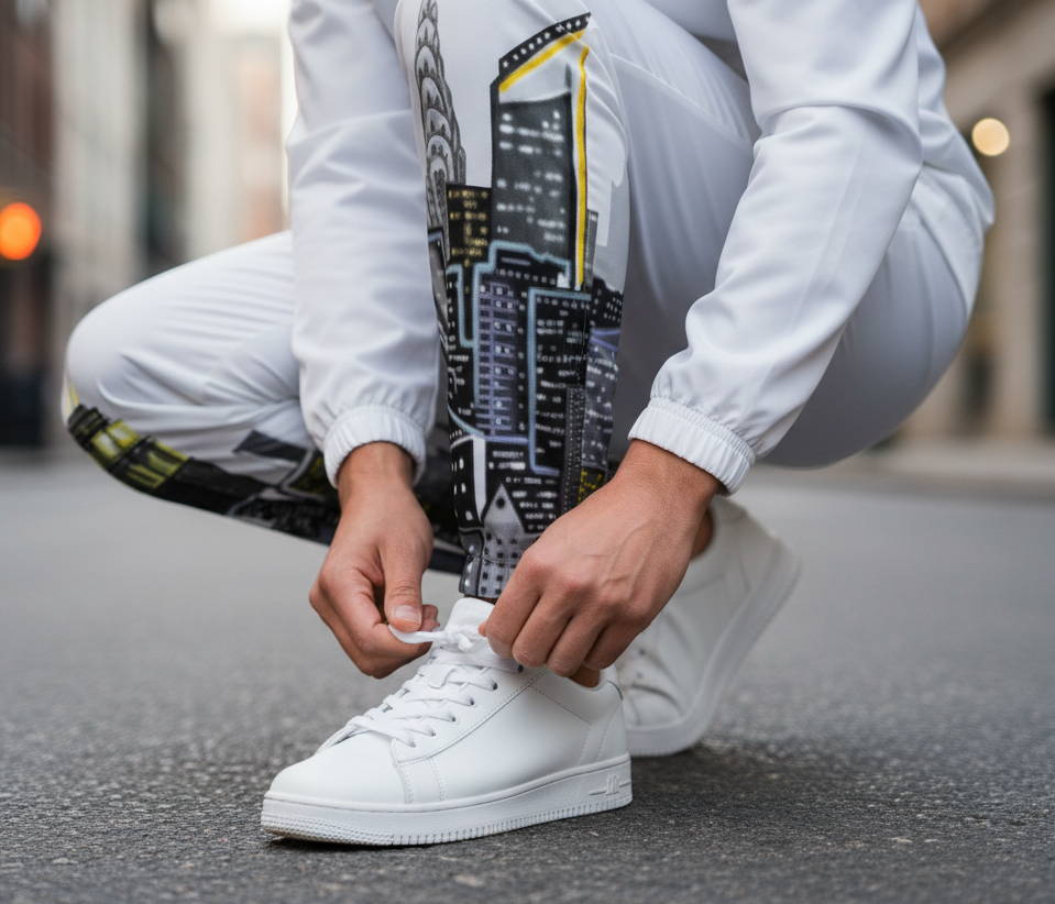 Person wearing Loria NYC Art pants tying white sneakers on a city street