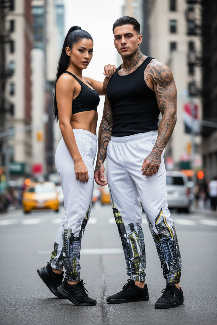 Two people wearing matching Loria NYC Art designed track pants with urban design on a city street.