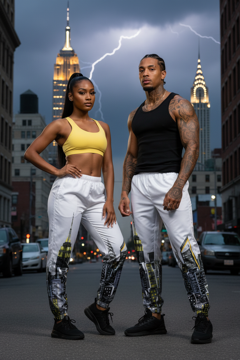 Two people in athletic Loria NYC Art wear standing in a city street with lightning in the background