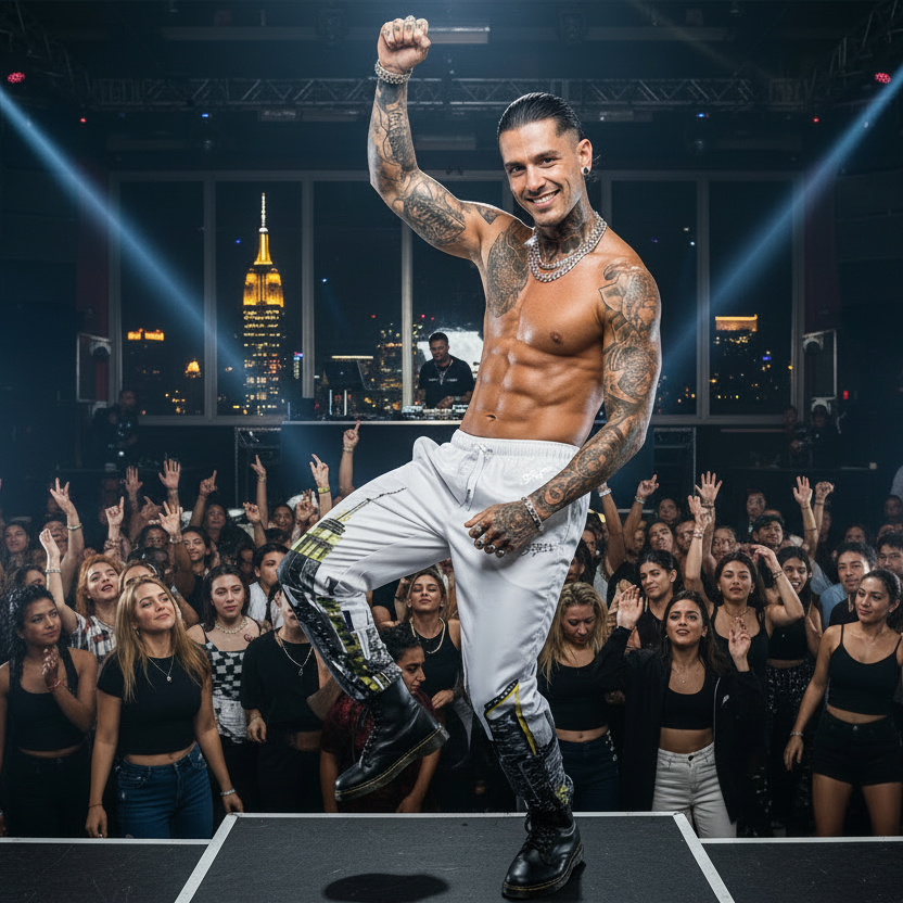 Man in Loria NYC Art white pants and black boots performing on stage with a crowd in the background