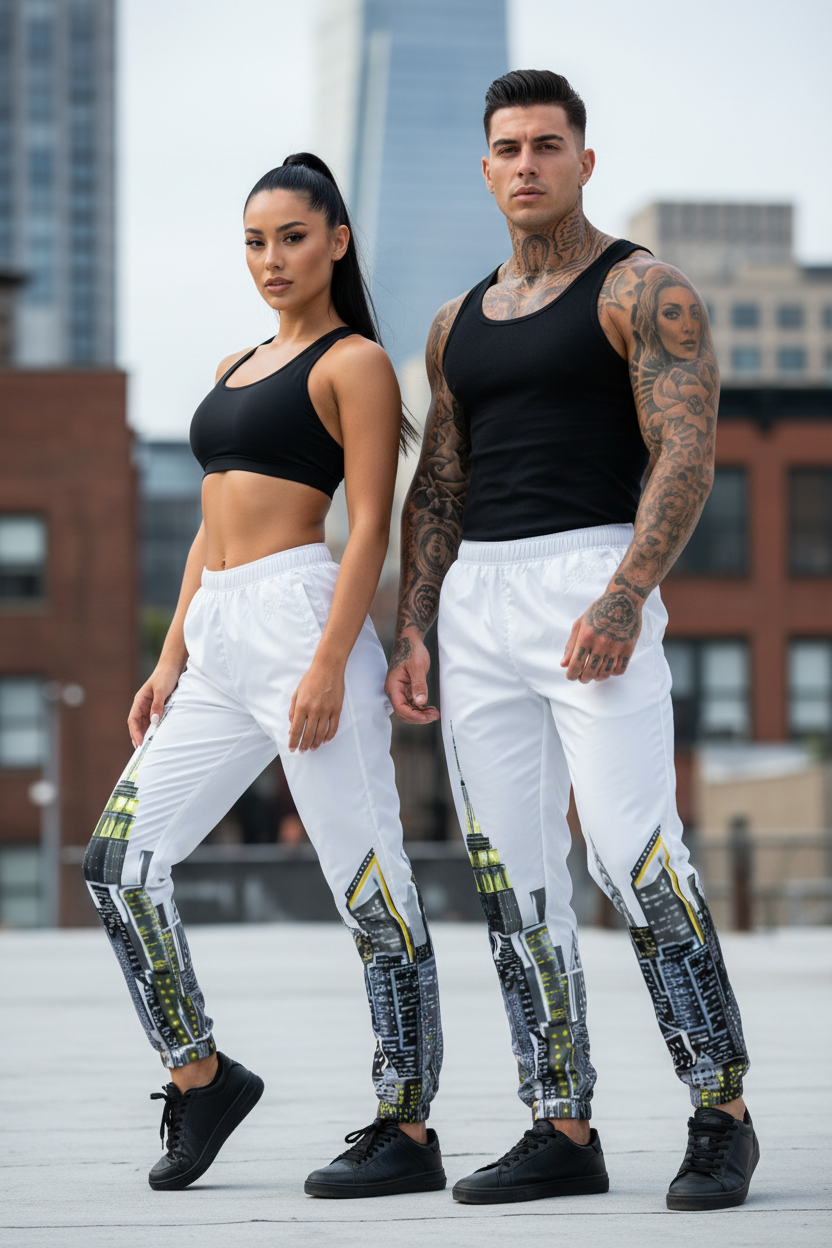 Two people wearing black tank tops and white pants with Loria NYC Art design, standing on a rooftop with cityscape background.