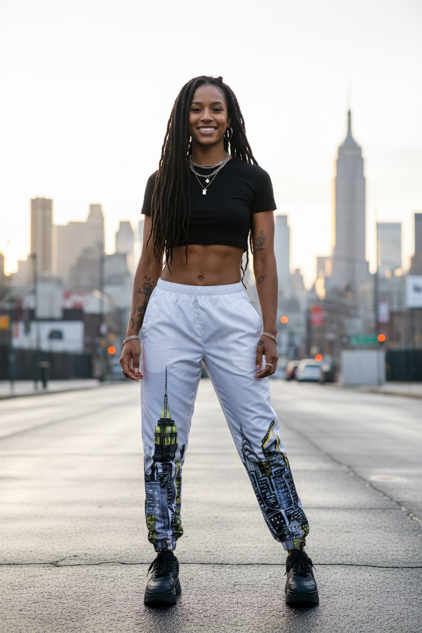 Person wearing a black top and white Loria NYC Art pants with cityscape background