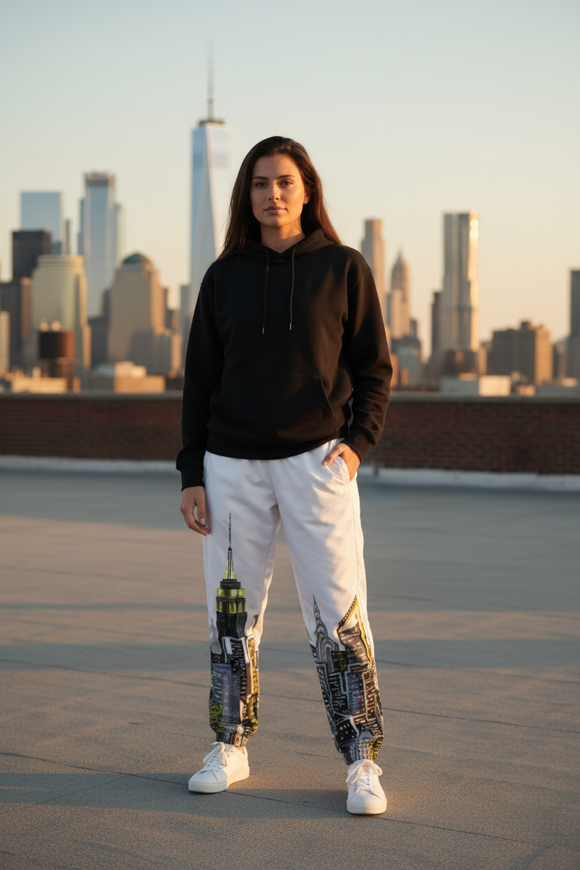 Person wearing a black hoodie and patterned Loria NYC Art pants standing on a rooftop with city skyline in the background