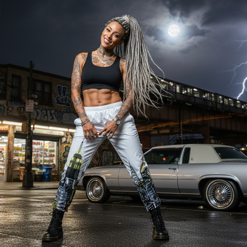 Woman wearing Loria NYC Art pants long with braided hair standing on a street at night with lightning in the background