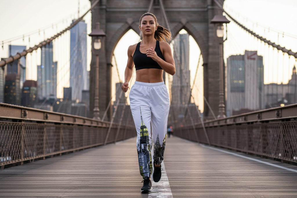 Woman wearing Loria NYC Art track pants running on a bridge with a city skyline in the background