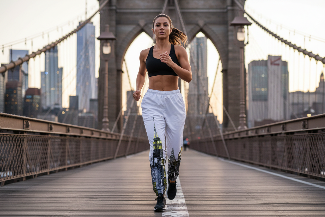 Woman wearing Loria NYC Art track pants running on a bridge with a city skyline in the background