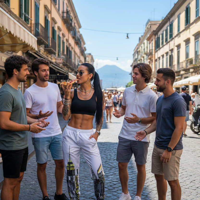 Girl wearing Loria NYC Art pants on a street in an urban setting with buildings and people in the background.