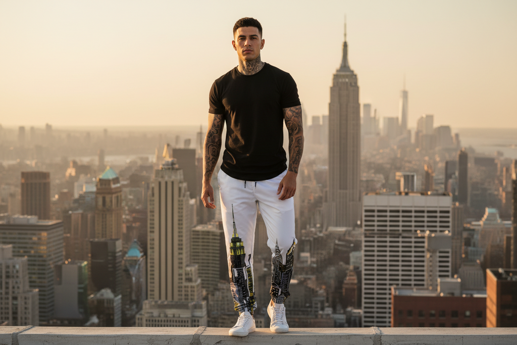 Person standing on a rooftop wearing  a Loria NYC Art city skyline Loria NYC Art in urban background