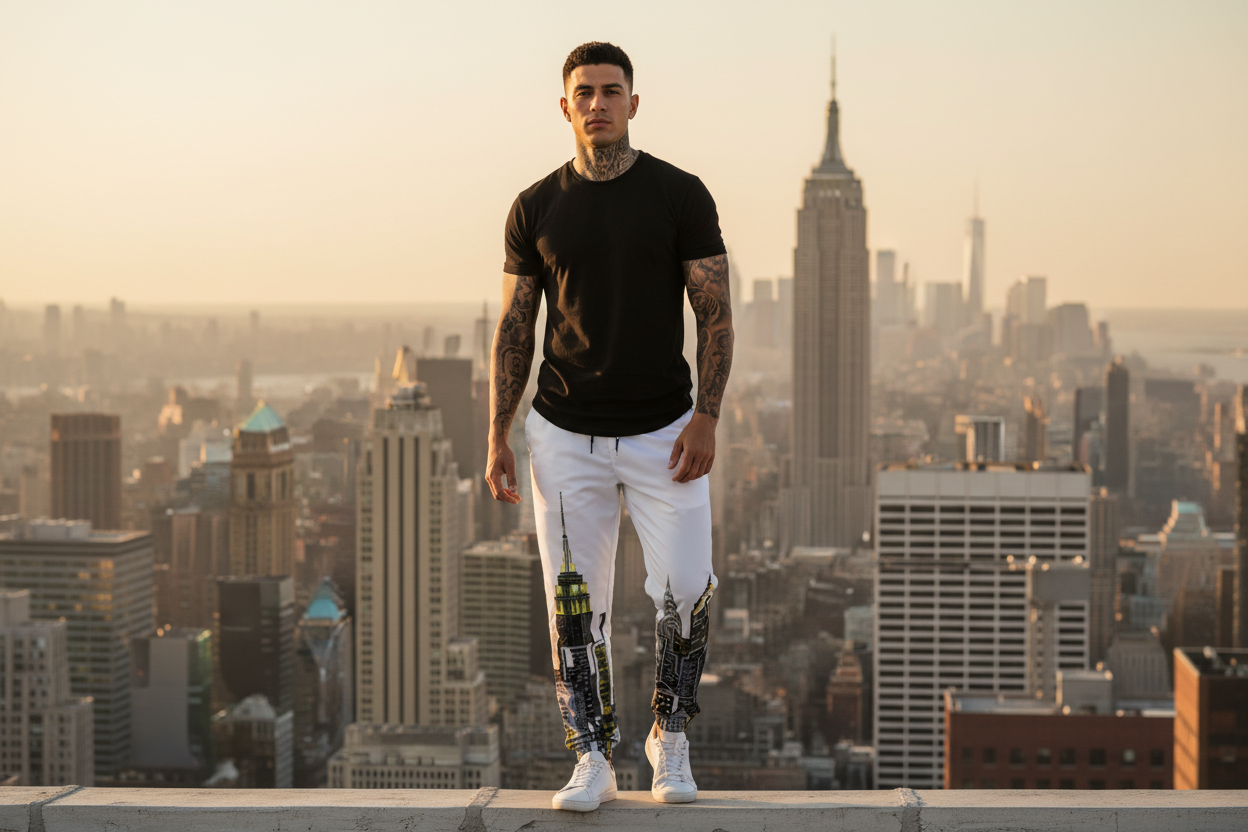Person standing on a rooftop wearing  a Loria NYC Art city skyline Loria NYC Art in urban background