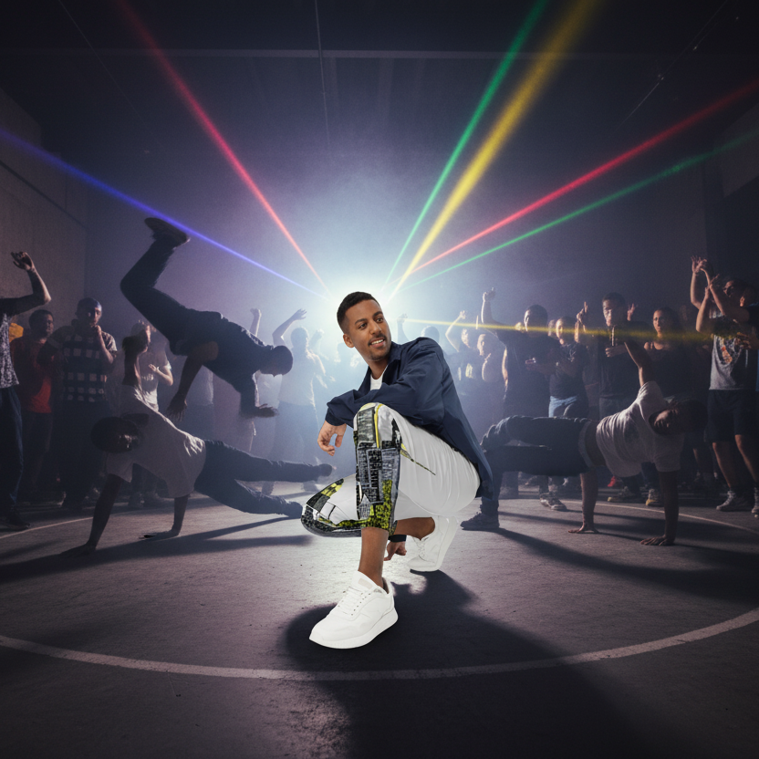 Dancer performing in a dark room with colorful Loria NYC Art track pants with laser lights and a crowd of people.