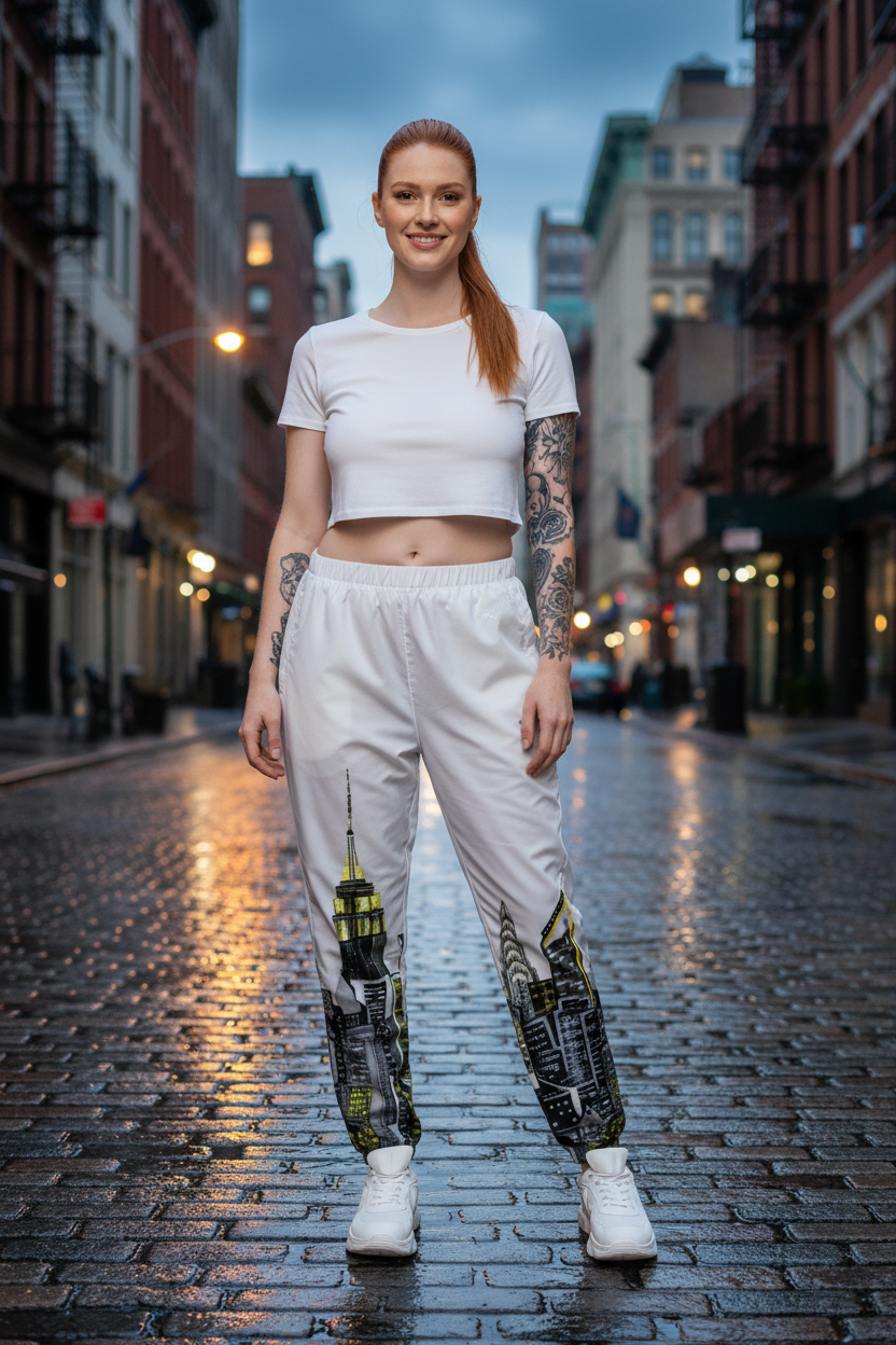 Woman wearing a white crop top and Loria NYC Art pants with robot design on a white background