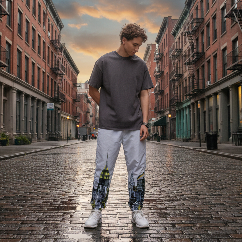 Person wearing a gray t-shirt and white Loria NYC Art pants with black and yellow patterns, standing against an urban background.